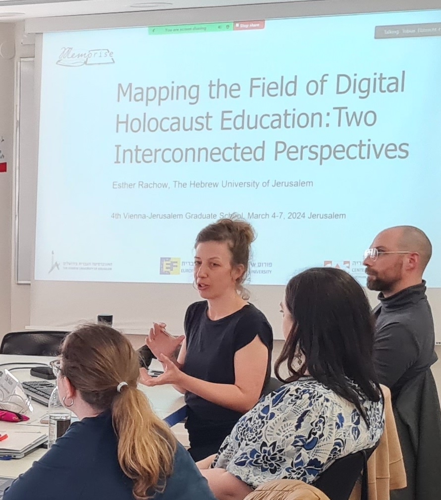 Participants of the Vienna-Jerusalem Graduate School during the presentation by Esther Rachow on Holocaust education in a seminar room of the Hebrew University of Jerusalem.